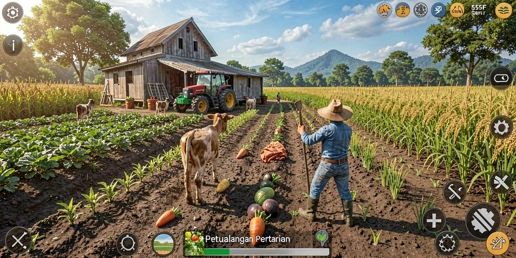 Screenshot 555F yang menunjukkan ladang subur dengan berbagai tanaman.