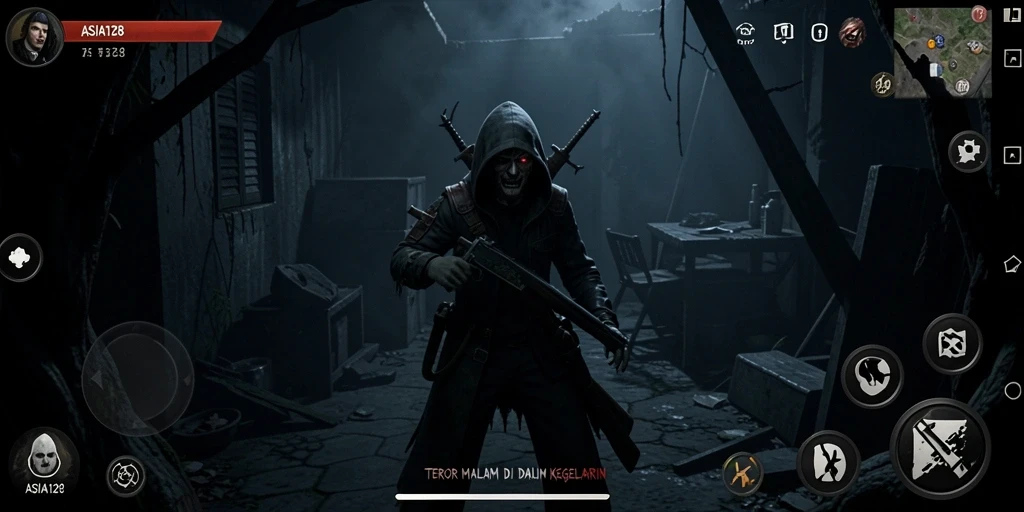 Screenshot utama ASIA128 menampilkan momen mencekam saat menghadapi hantu.