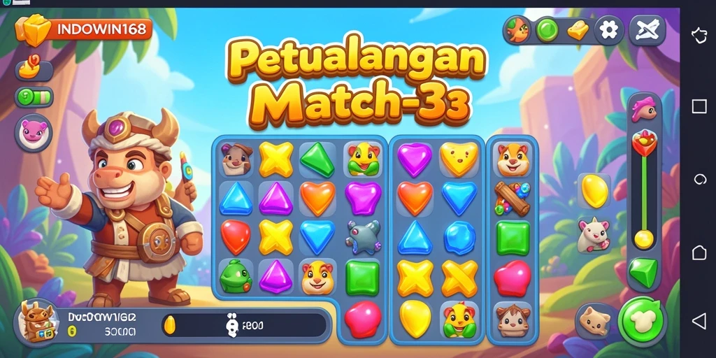 Screenshot gameplay INDOWIN168 dengan level Match-3 yang menantang.