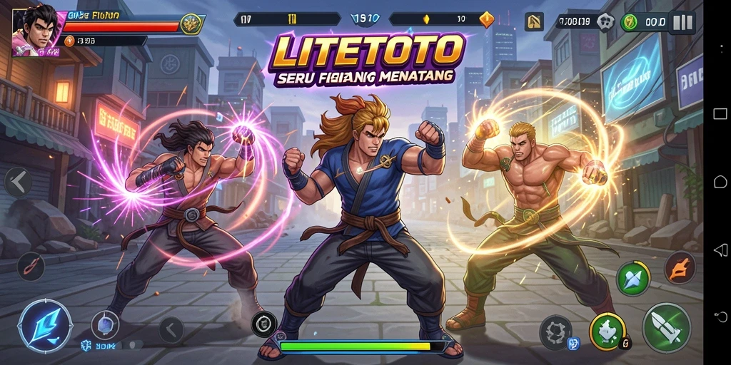 Screenshot utama LITETOTO menampilkan pertarungan seru antara karakter dalam arena.