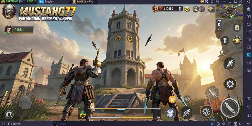 Gameplay intens di MUSTANG77 dengan menara pertahanan strategis.