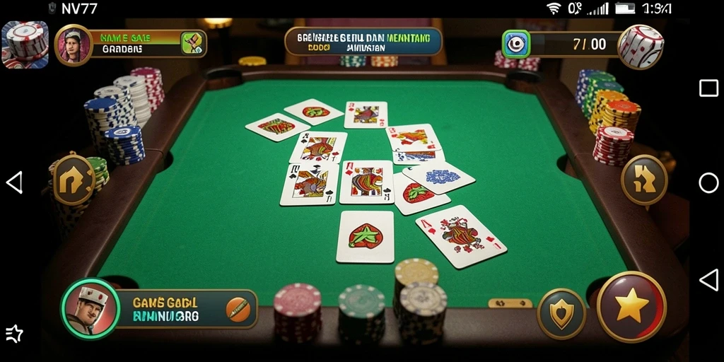 Screenshot utama NV77 menampilkan gameplay seru Gaple yang menarik.