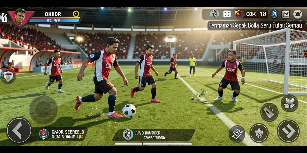 Screenshot dari gameplay OKIDR yang menunjukkan aksi seru sepak bola.