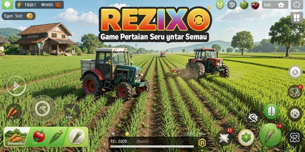 Screenshot gameplay REZIXO yang menampilkan petani bekerja di ladang.