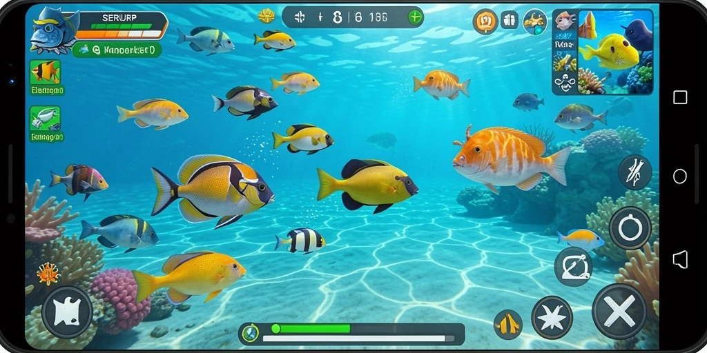 Screenshot utama SERURP menampilkan aksi seru menangkap ikan.