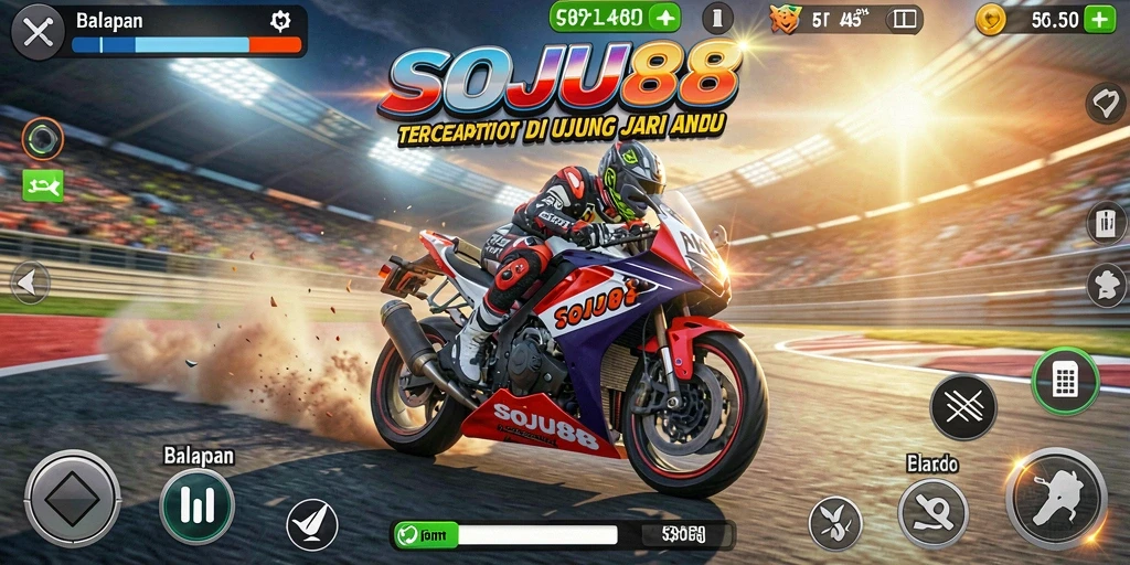 Tampilan gameplay SOJU88 yang seru dan menegangkan dalam balapan motor.
